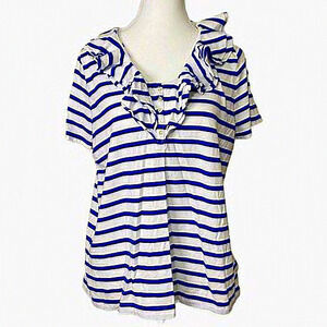 Lauren Ralph Lauren Blue and White‎ Striped Short Sleeve Shirt with Ruffles